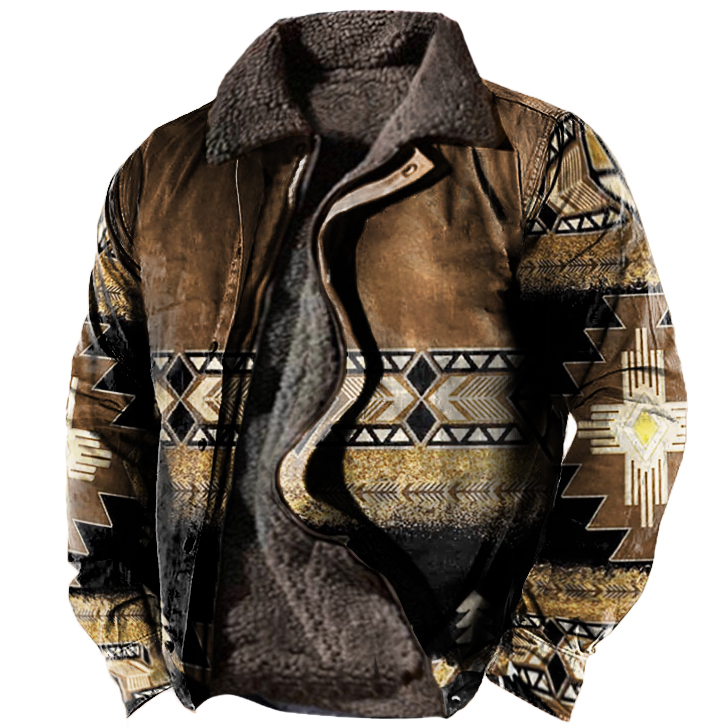Men's Vintage Ethnic Print Fleece Zipper Tactical Shirt Jacket