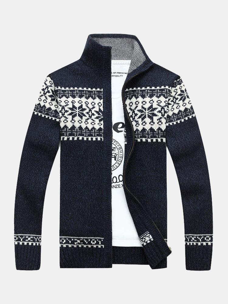 Christmas Geometric Print Zip Up Sweater